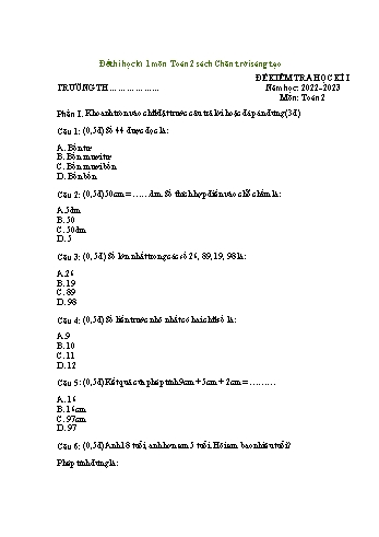 Đề kiểm tra học kì 1 Toán Lớp 2 (Sách Chân trời sáng tạo) - Đề 2 - Năm học 2022-2023