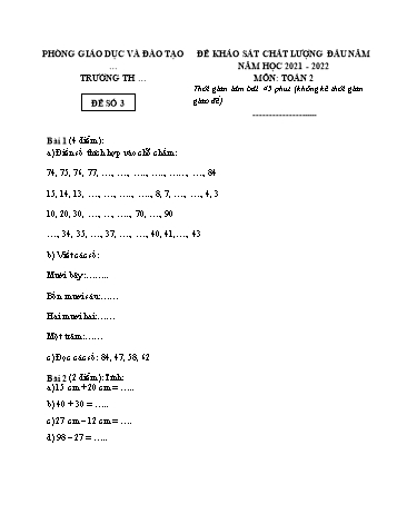 Đề kiểm tra khảo sát chất lượng đầu năm Toán Lớp 2 - Đề số 3 - Năm học 2021-2022 (Có đáp án)