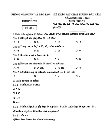 Đề kiểm tra khảo sát chất lượng đầu năm Toán Lớp 2 - Đề số 5 - Năm học 2021-2022 (Có đáp án)