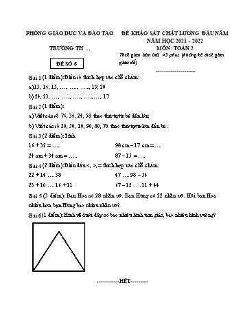 Đề kiểm tra khảo sát chất lượng đầu năm Toán Lớp 2 - Đề số 6 - Năm học 2021-2022 (Có đáp án)