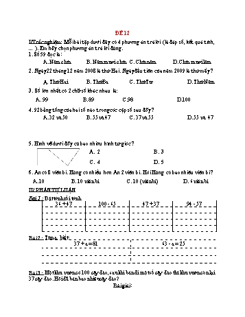 Đề thi cuối học kì 1 Toán Lớp 2 - Đề 12