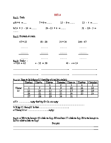 Đề thi cuối học kì 1 Toán Lớp 2 - Đề 14