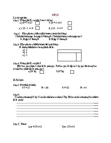 Đề thi cuối học kì 1 Toán Lớp 2 - Đề 22