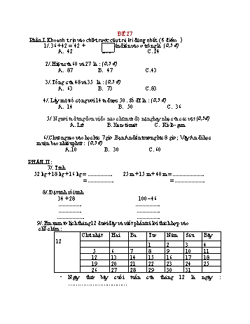 Đề thi cuối học kì 1 Toán Lớp 2 - Đề 27