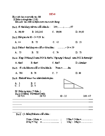 Đề thi cuối học kì 1 Toán Lớp 2 - Đề 40