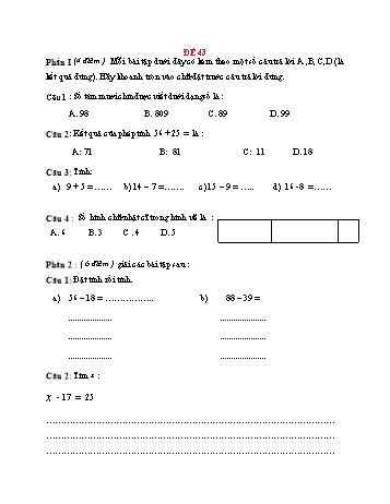 Đề thi cuối học kì 1 Toán Lớp 2 - Đề 43