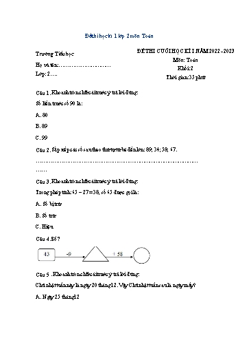 Đề thi cuối học kì 1 Toán Lớp 2 (Sách Chân trời sáng tạo) - Đề 3 - Năm học 2022-2023 (Có đáp án)