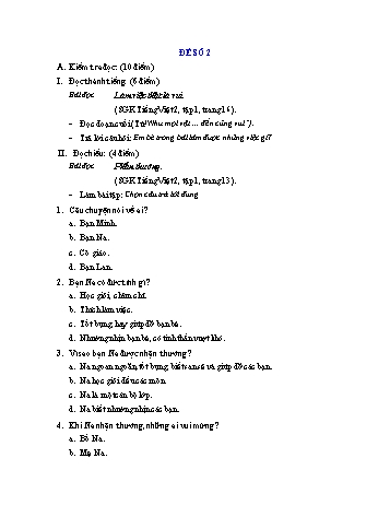 Đề thi học kì 1 Tiếng Việt Lớp 2 - Đề số 2 (Có đáp án và biểu điểm)