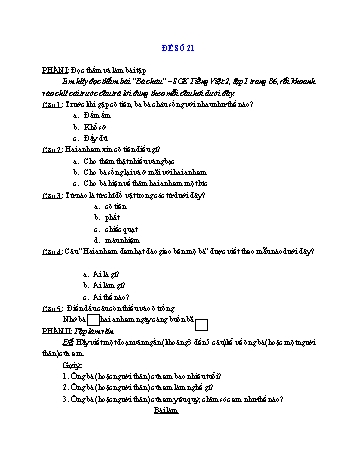 Đề thi học kì 1 Tiếng Việt Lớp 2 - Đề số 21 (Có đáp án và biểu điểm)