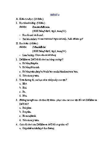 Đề thi học kì 1 Tiếng Việt Lớp 2 - Đề số 4 (Có đáp án và biểu điểm)