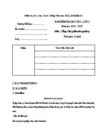 Đề thi học kì 1 Tiếng Việt Lớp 2 (Sách Kết nối tri thức) - Năm 2021-2022 (Có hướng dẫn chấm)