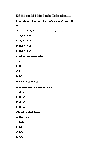 Đề thi học kì 1 Toán Lớp 2 (Sách Chân trời sáng tạo) - Đề 6 (Có đáp án)