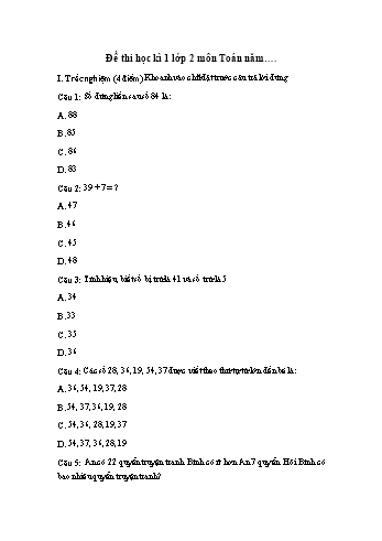 Đề thi học kì 1 Toán Lớp 2 (Sách Chân trời sáng tạo) - Đề 7 (Có đáp án)