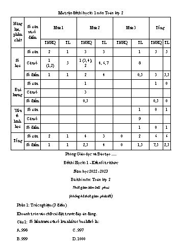 Đề thi học kì 1 Toán Lớp 2 (Sách Kết nối tri thức) - Đề 7 - Năm học 2022-2023