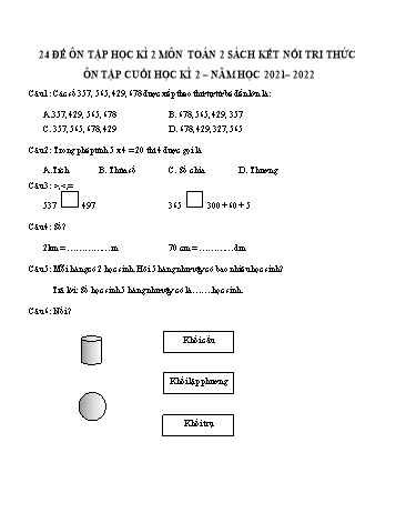 24 Đề ôn tập cuối học kì 2 Toán Lớp 2 (Sách Kết nối tri thức) - Năm học 2021-2022