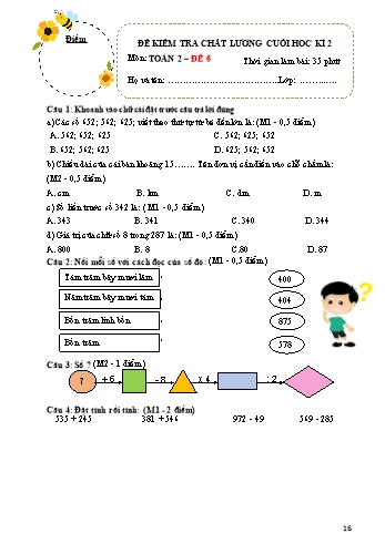 Đề kiểm tra chất lượng cuối học kì 2 Toán Lớp 2 (Sách Kết nối tri thức) - Đề 6+7 (Có ma trận và đáp án)