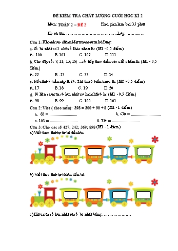 Đề kiểm tra chất lượng cuối học kì 2 Toán Lớp 2 theo thông tư 27 (Sách Cánh diều) - Đề 2 (Có đáp án)