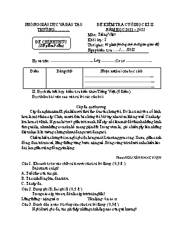 Đề kiểm tra cuối học kì 2 Tiếng Việt Lớp 2 (Sách Kết nối tri thức) - Năm học 2021-2022 - Trường PTDTBT Tiểu học Thu Lũm (Có hướng dẫn chấm)