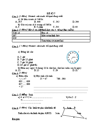 Đề kiểm tra cuối học kì 2 Toán Lớp 2 - Đề số 7 (Có đáp án)