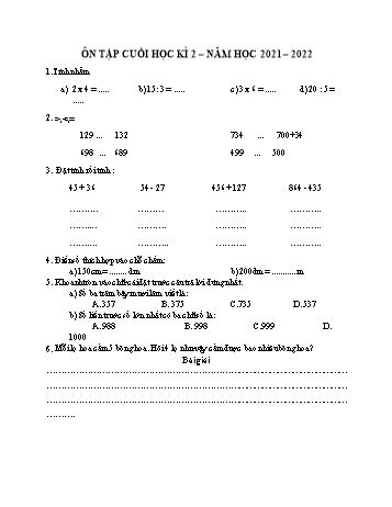 Đề ôn tập cuối học kì 2 Toán Lớp 2 (Sách Kết nối tri thức) - Đề 11 - Năm học 2021-2022