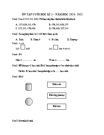 Đề ôn tập cuối học kì 2 Toán Lớp 2 (Sách Kết nối tri thức) - Đề 1 - Năm học 2021-2022