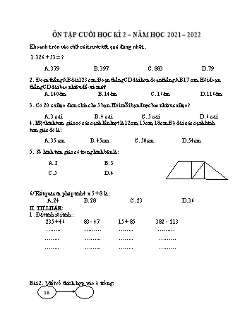 Đề ôn tập cuối học kì 2 Toán Lớp 2 (Sách Kết nối tri thức) - Đề 14 - Năm học 2021-2022