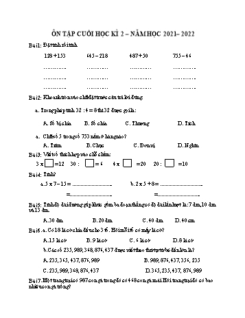 Đề ôn tập cuối học kì 2 Toán Lớp 2 (Sách Kết nối tri thức) - Đề 6 - Năm học 2021-2022