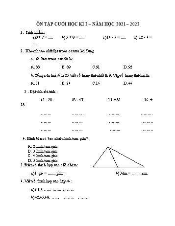 Đề ôn tập cuối học kì 2 Toán Lớp 2 (Sách Kết nối tri thức) - Đề 21 - Năm học 2021-2022
