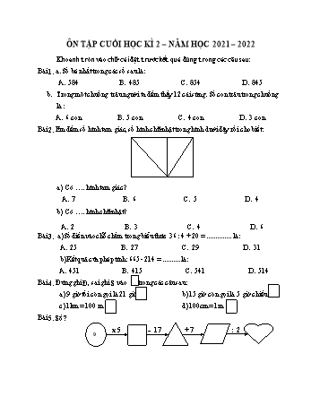 Đề ôn tập cuối học kì 2 Toán Lớp 2 (Sách Kết nối tri thức) - Đề 22 - Năm học 2021-2022