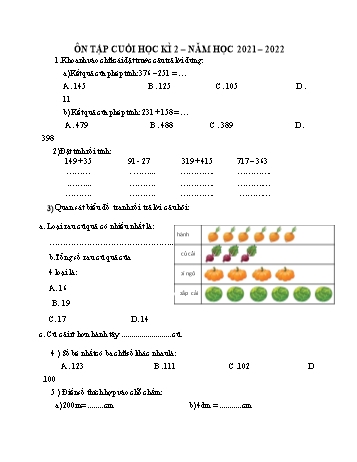 Đề ôn tập cuối học kì 2 Toán Lớp 2 (Sách Kết nối tri thức) - Đề 19 - Năm học 2021-2022