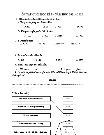 Đề ôn tập cuối học kì 2 Toán Lớp 2 (Sách Kết nối tri thức) - Đề 8 - Năm học 2021-2022