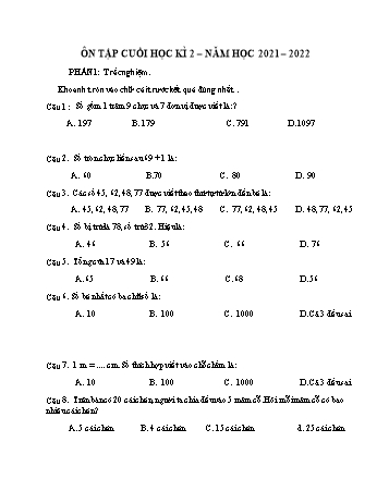 Đề ôn tập cuối học kì 2 Toán Lớp 2 (Sách Kết nối tri thức) - Đề 12 - Năm học 2021-2022