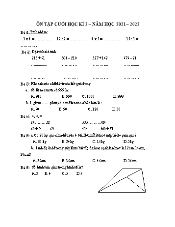 Đề ôn tập cuối học kì 2 Toán Lớp 2 (Sách Kết nối tri thức) - Đề 7 - Năm học 2021-2022