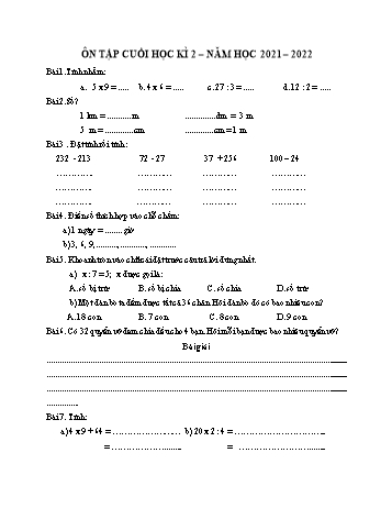 Đề ôn tập cuối học kì 2 Toán Lớp 2 (Sách Kết nối tri thức) - Đề 23 - Năm học 2021-2022