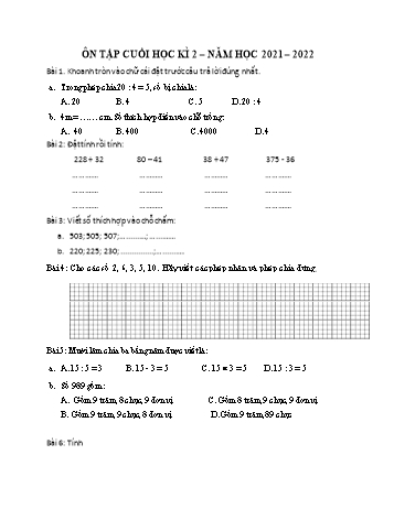 Đề ôn tập cuối học kì 2 Toán Lớp 2 (Sách Kết nối tri thức) - Đề 24 - Năm học 2021-2022