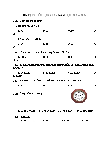 Đề ôn tập cuối học kì 2 Toán Lớp 2 (Sách Kết nối tri thức) - Đề 4 - Năm học 2021-2022