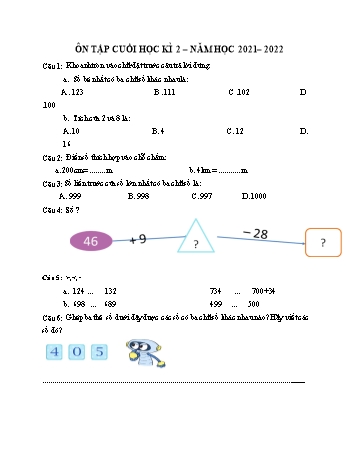 Đề ôn tập cuối học kì 2 Toán Lớp 2 (Sách Kết nối tri thức) - Đề 3 - Năm học 2021-2022