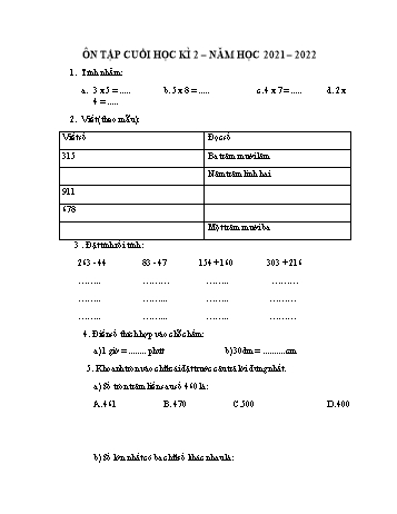 Đề ôn tập cuối học kì 2 Toán Lớp 2 (Sách Kết nối tri thức) - Đề 9 - Năm học 2021-2022