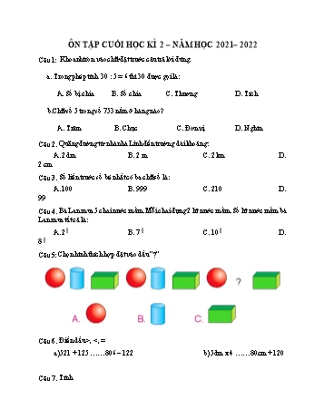 Đề ôn tập cuối học kì 2 Toán Lớp 2 (Sách Kết nối tri thức) - Đề 5 - Năm học 2021-2022