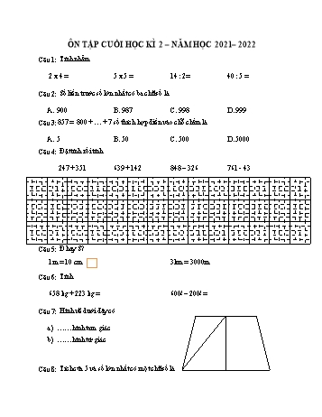 Đề ôn tập cuối học kì 2 Toán Lớp 2 (Sách Kết nối tri thức) - Đề 2 - Năm học 2021-2022