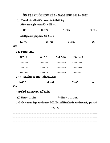 Đề ôn tập cuối học kì 2 Toán Lớp 2 (Sách Kết nối tri thức) - Đề 10 - Năm học 2021-2022