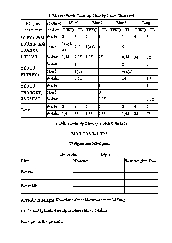 Đề thi học kì 2 Toán Lớp 2 (Sách Chân trời sáng tạo) - Đề số 2 (Có đáp án)