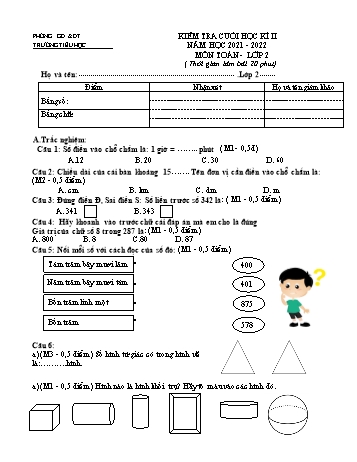 Kiểm tra cuối học kì 2 Toán Lớp 2 (Sách Cánh diều) - Năm học 2021-2022 (Có ma trận)