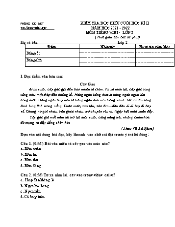 Kiểm tra đọc hiểu cuối học kì 2 Tiếng Việt Lớp 2 (Sách Cánh diều) - Năm học 2021-2022