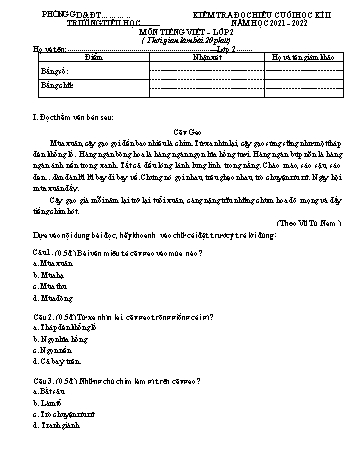 Kiểm tra đọc hiểu cuối học kì 2 Tiếng Việt Lớp 2 (Sách Cánh diều) - Năm học 2021-2022 (Có đáp án và biểu điểm)