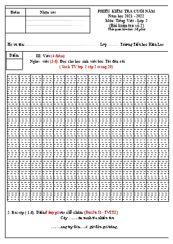 Phiếu kiểm tra cuối năm Tiếng Việt Lớp 2 (Sách Kết nối tri thức) - Đề E - Bài số 2 - Năm học 2021-2022 - Trường Tiểu học Kiên Lao (Có hướng dẫn chấm)