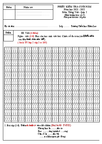 Phiếu kiểm tra cuối năm Tiếng Việt Lớp 2 (Sách Kết nối tri thức) - Đề B - Bài số 2 - Năm học 2021-2022 - Trường Tiểu học Kiên Lao (Có hướng dẫn chấm)