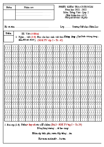 Phiếu kiểm tra cuối năm Tiếng Việt Lớp 2 (Sách Kết nối tri thức) - Đề D - Bài số 2 - Năm học 2021-2022 - Trường Tiểu học Kiên Lao (Có hướng dẫn chấm)