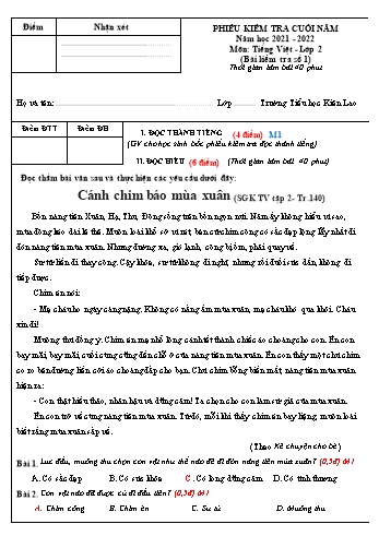 Phiếu kiểm tra cuối năm Tiếng Việt Lớp 2 (Sách Kết nối tri thức) - Đề D - Bài số 1 - Năm học 2021-2022 - Trường Tiểu học Kiên Lao (Có hướng dẫn chấm)