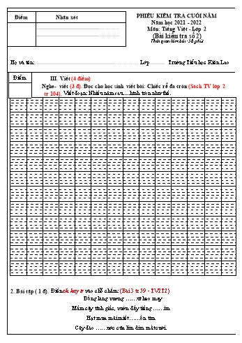 Phiếu kiểm tra cuối năm Tiếng Việt Lớp 2 (Sách Kết nối tri thức) - Đề C - Bài số 2 - Năm học 2021-2022 - Trường Tiểu học Kiên Lao (Có hướng dẫn chấm)